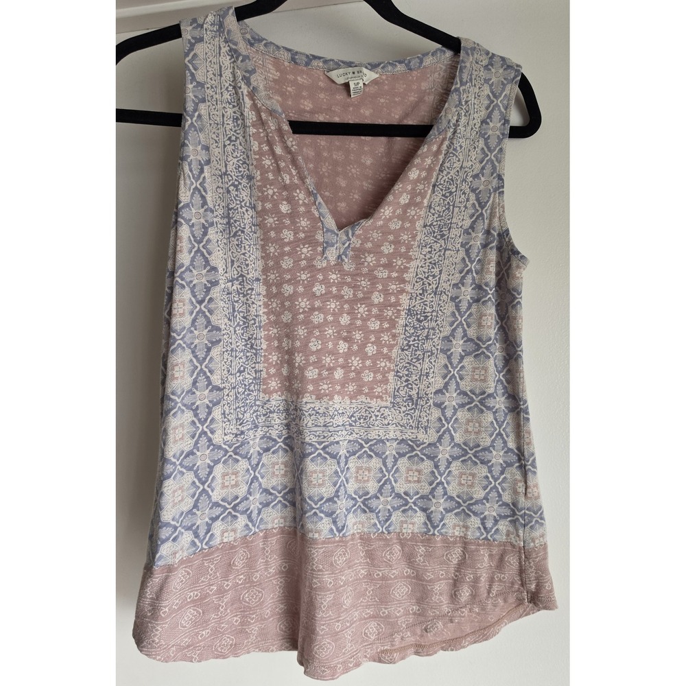 Lucky Brand Tank Top S Boho V-Neck Sleeveless Blue Pink White Print Casual